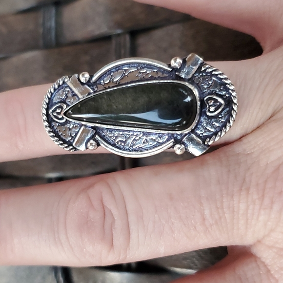 New Silver Sheen Obsidian 925 Silver Statement Ring. - Picture 2 of 12